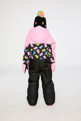 Kids PLAY pink and black gummy bear snowsuit shown in an alternate winter lookbook view
