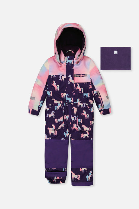 Deux par Deux kids PLAY one-piece snowsuit in Purple Unicorn Print — main product view