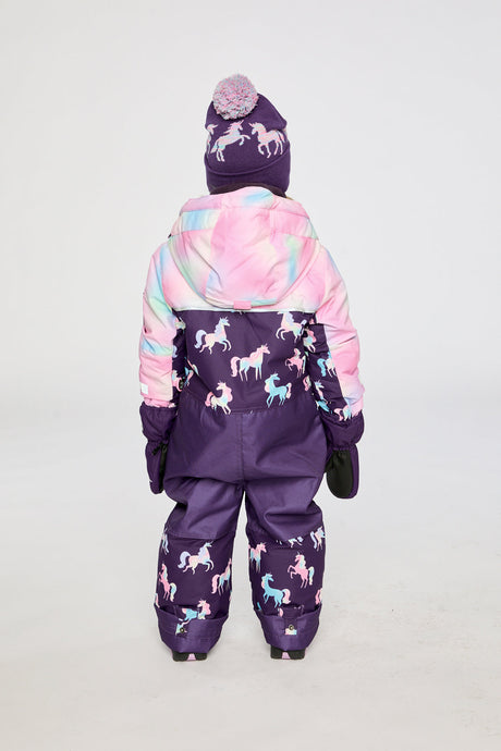 Alternate winter lookbook view of the Deux par Deux kids PLAY one-piece snowsuit in Purple Unicorn Print