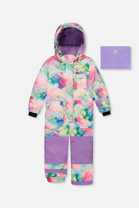 Deux par Deux kids PLAY one-piece snowsuit in multicolor diamond print with coordinated winter styling