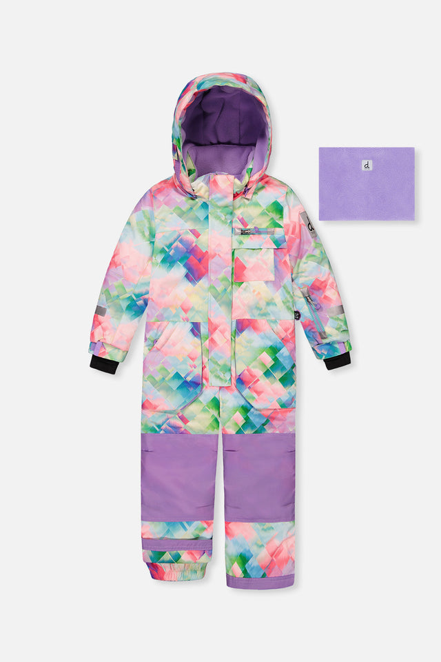 Deux par Deux kids PLAY one-piece snowsuit in multicolor diamond print with coordinated winter styling