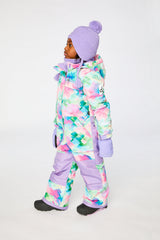 Deux par Deux multicolor diamond-print one-piece snowsuit shown from an alternate modeled angle