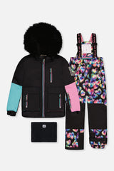 Deux par Deux girls PLAY two-piece snowsuit with black blue pink colorblock jacket and heart-print snow pants
