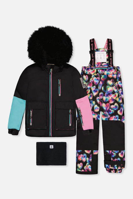 Deux par Deux girls PLAY two-piece snowsuit with black blue pink colorblock jacket and heart-print snow pants