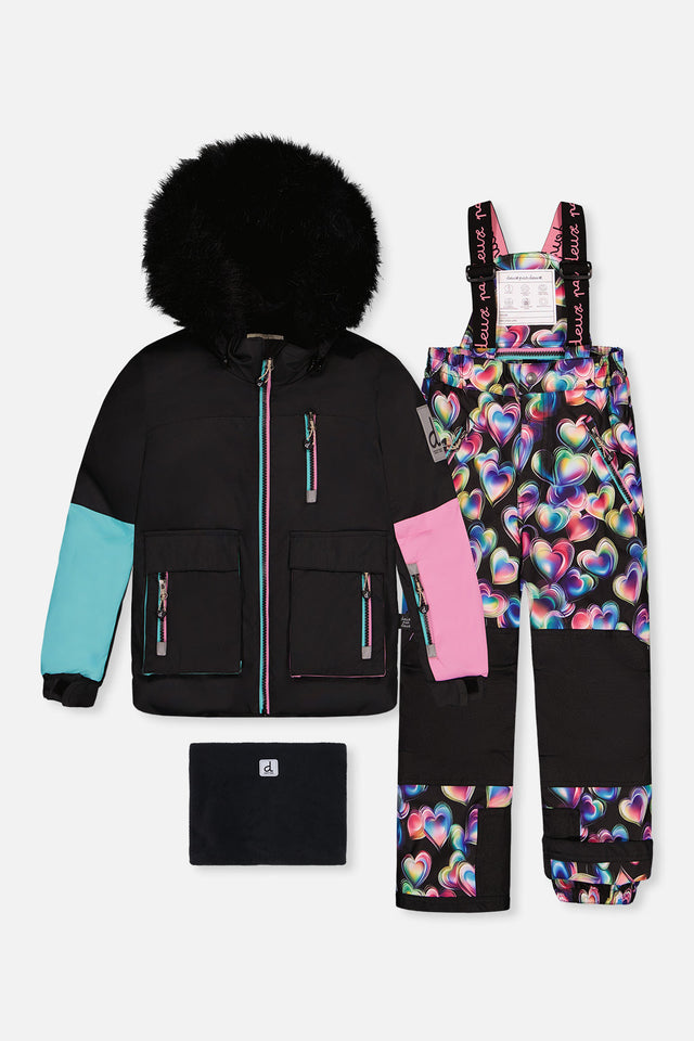 Deux par Deux girls PLAY two-piece snowsuit with black blue pink colorblock jacket and heart-print snow pants