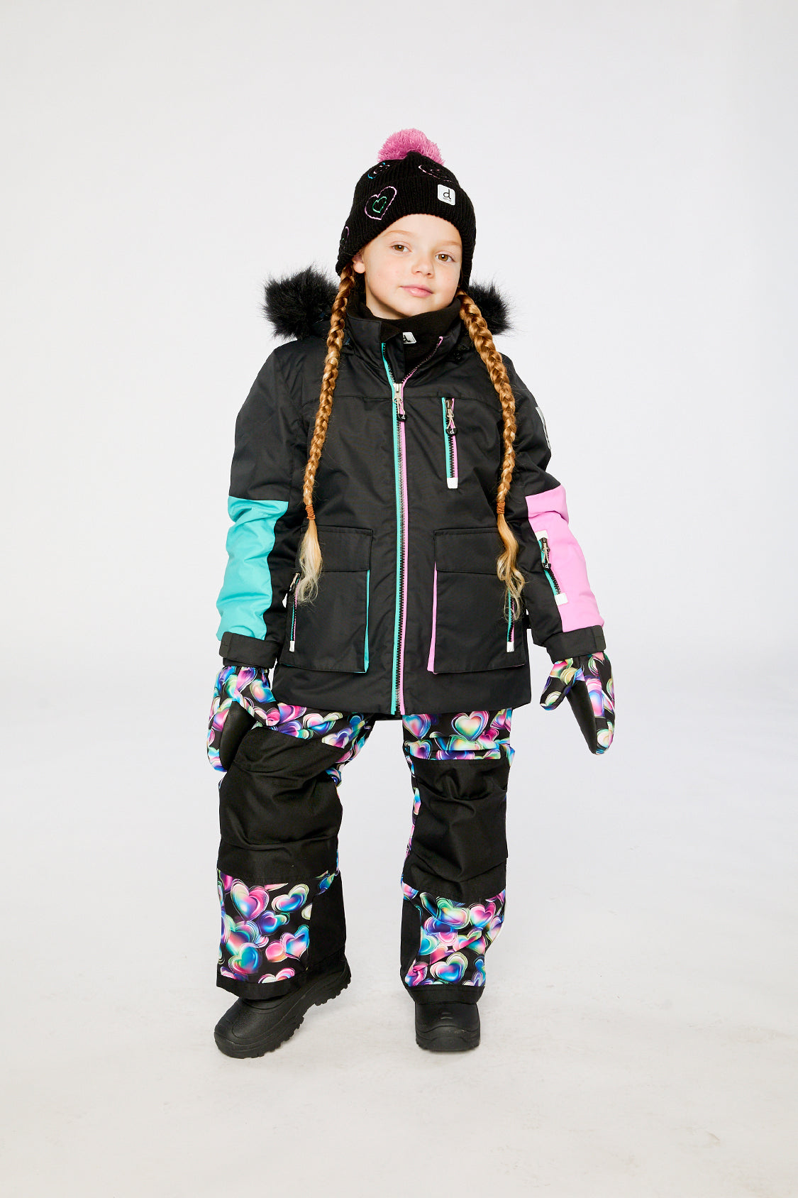 Deux par Deux girls PLAY snowsuit in black blue pink with Cordura-reinforced heart-print pants