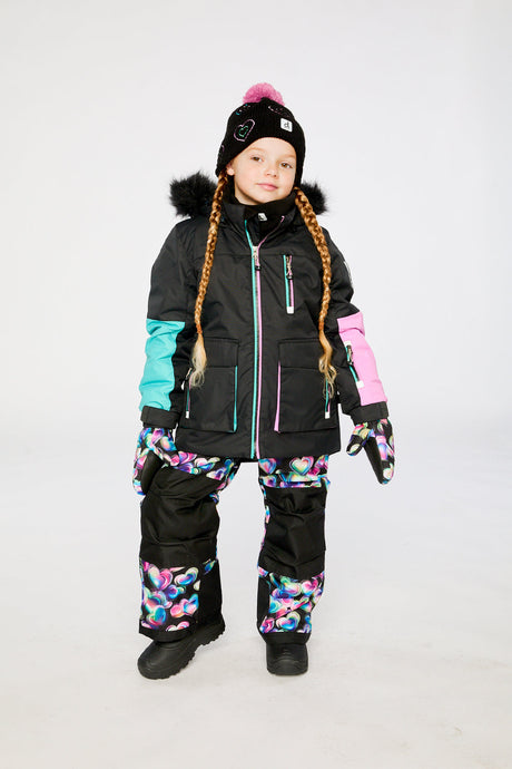 Deux par Deux girls PLAY snowsuit in black blue pink with Cordura-reinforced heart-print pants