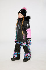Deux par Deux girls black blue pink PLAY snowsuit with grow-with-me fit and heart-print snow pants