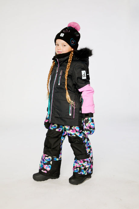 Deux par Deux girls black blue pink PLAY snowsuit with grow-with-me fit and heart-print snow pants