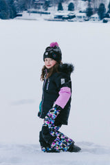 Girls Deux par Deux PLAY snowsuit in black blue and pink with playful heart-print winter pants