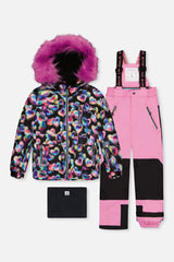 Deux par Deux girls PLAY two-piece snowsuit with black heart-print jacket and pink snow pants