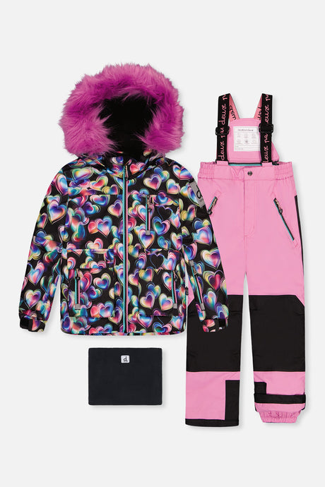Deux par Deux girls PLAY two-piece snowsuit with black heart-print jacket and pink snow pants