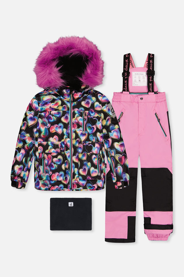 Deux par Deux girls PLAY two-piece snowsuit with black heart-print jacket and pink snow pants