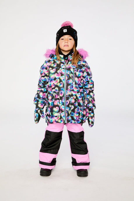 Girls Deux par Deux PLAY heart-print snowsuit in black and pink for cold-weather winter play