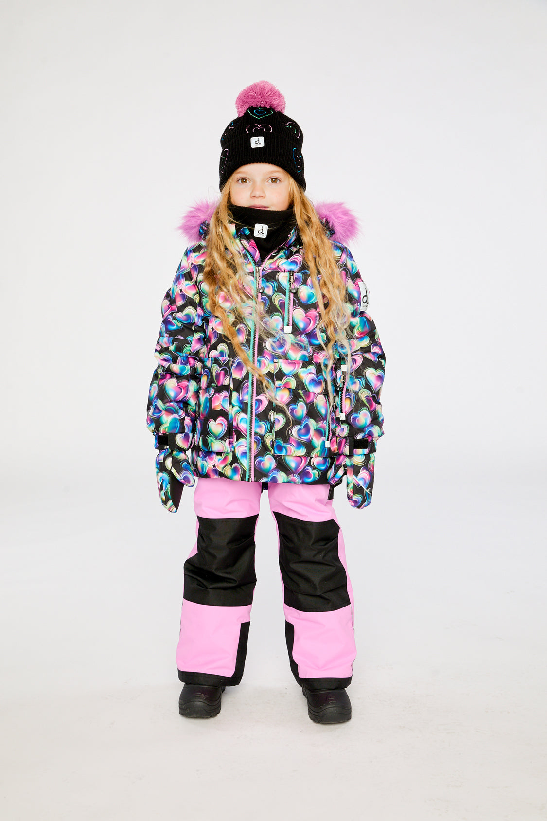 Deux par Deux girls black heart-print PLAY snowsuit with reinforced pink snow pants