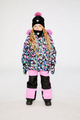 Deux par Deux girls black heart-print PLAY snowsuit with reinforced pink snow pants