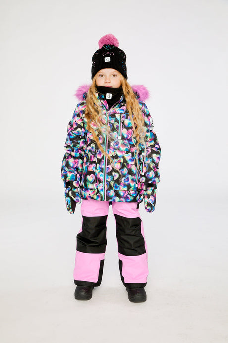 Deux par Deux girls black heart-print PLAY snowsuit with reinforced pink snow pants
