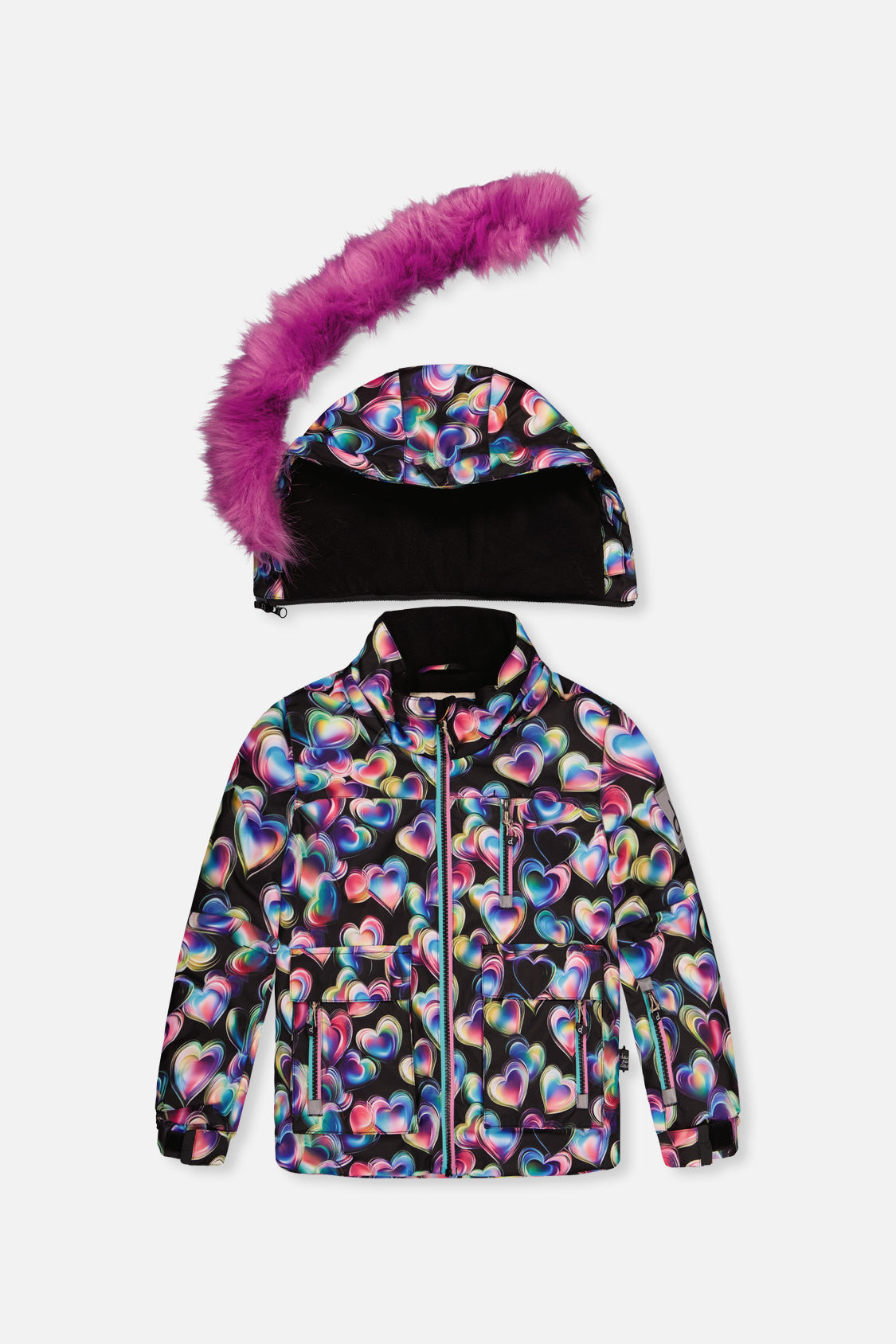 Deux par Deux girls black heart-print PLAY technical jacket from the pink two-piece snowsuit set