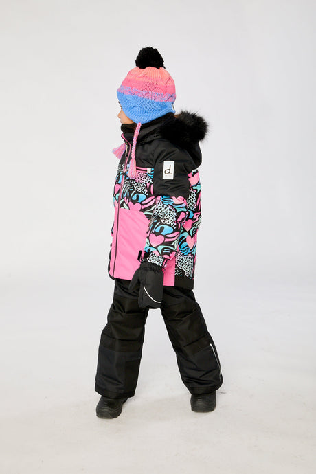 Deux par Deux girls zebra PLAY ski snowsuit with Cordura reinforced black snow pants
