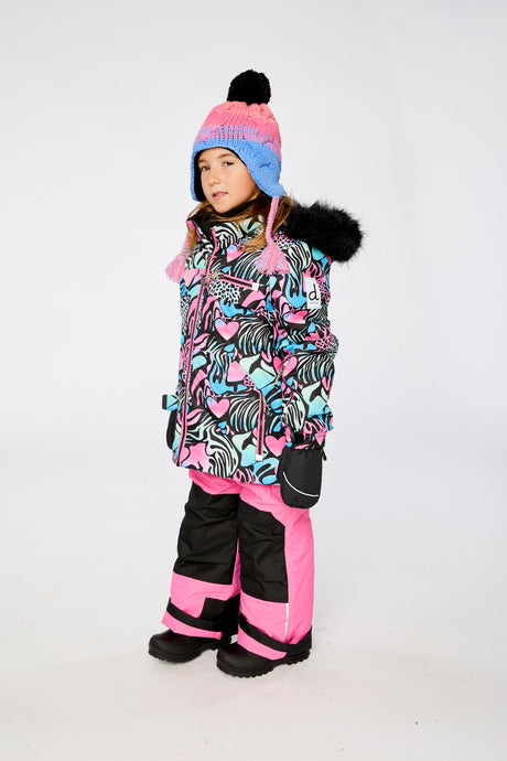 Deux par Deux girls zebra print ski snowsuit with faux fur hood and pink pants