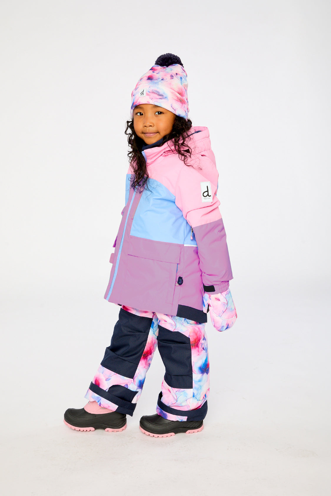 Deux par Deux girls two-piece PLAY snowsuit pink purple watercolor floral winter lifestyle