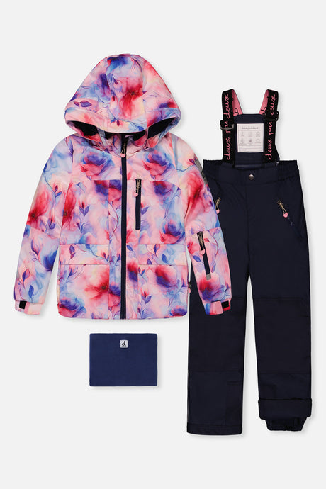 Deux par Deux girls Play two-piece snowsuit mauve watercolor floral with navy pants
