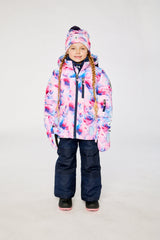 Mauve watercolor floral Deux par Deux girls winter snowsuit with Cordura snow pants