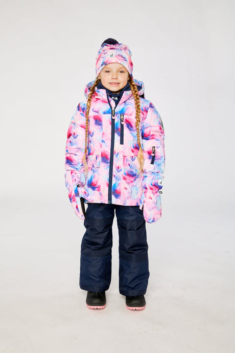 Mauve watercolor floral Deux par Deux girls winter snowsuit with Cordura snow pants