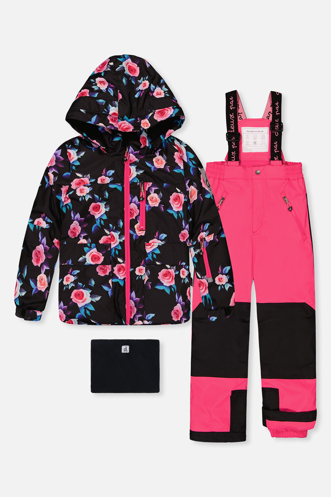 Deux par Deux girls PLAY black rose print snowsuit with pink pants -30°C 10K sizes 2-14