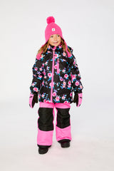 Girl wearing Deux par Deux black rose PLAY snowsuit with bright pink snow pants