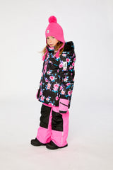 Deux par Deux girls black rose print PLAY ski snowsuit with Cordura reinforced pink pants