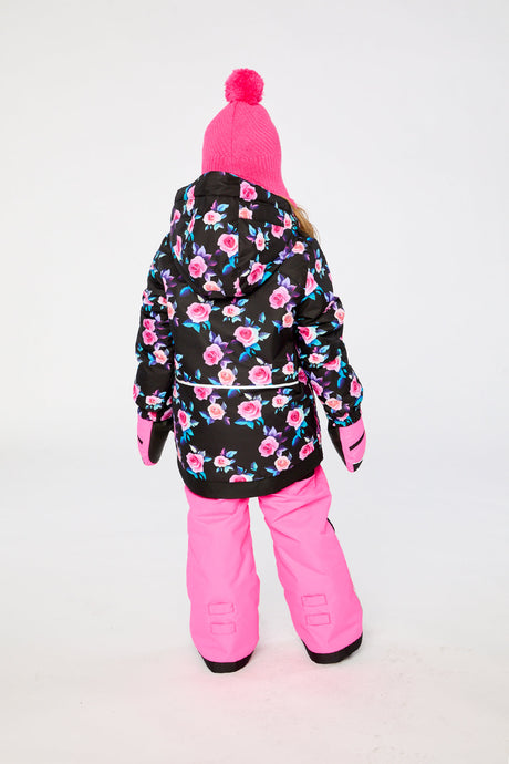 Girl in Deux par Deux -30°C black floral PLAY snowsuit with pink winter pants