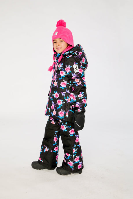 Deux par Deux girls black rose print PLAY ski snowsuit with Cordura reinforced pants