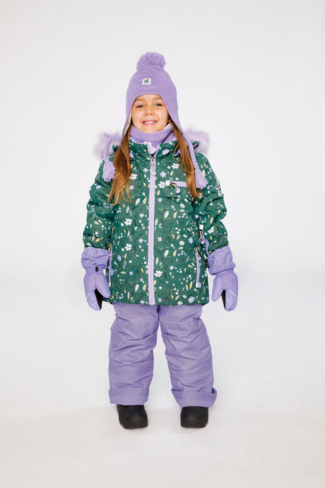 Girl wearing Deux par Deux green mini flower PLAY snowsuit with purple snow pants