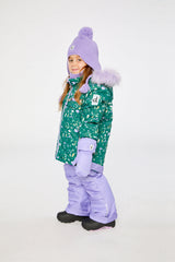 Deux par Deux girls green floral PLAY ski snowsuit with Cordura reinforced purple pants