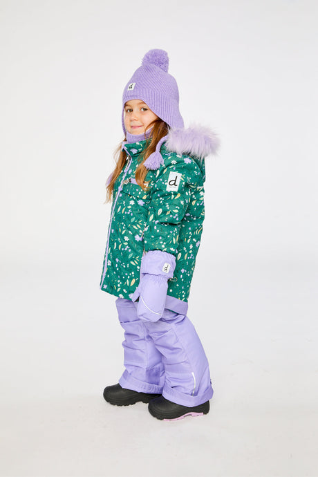 Deux par Deux girls green floral PLAY ski snowsuit with Cordura reinforced purple pants