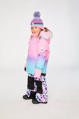 Child wearing the Deux par Deux pink-to-blue gradient PLAY two-piece snowsuit, lookbook photo 4