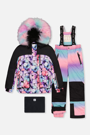 Deux par Deux PLAY two-piece snowsuit in Purple Floral Print with Gradient Pants — main product view