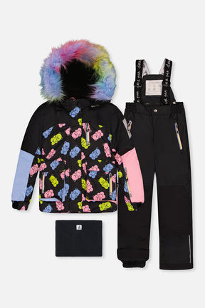 Deux par Deux girls Play two-piece snowsuit in black gummy bear print