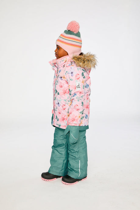 Girls winter snowsuit pink vintage floral print with Cordura reinforced green snow pants