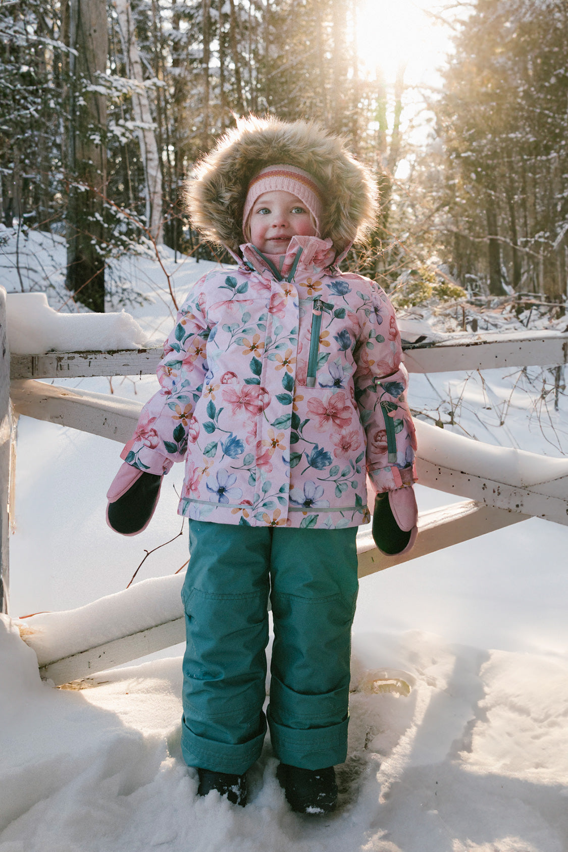 Girls pink vintage floral two-piece snowsuit with faux-fur hood and green pants