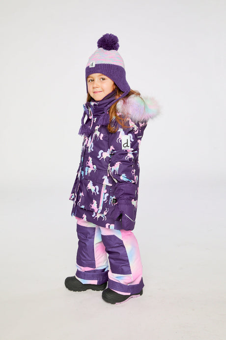 Two Piece Play Snowsuit Purple Unicorn Print With Multicolored Pants-2