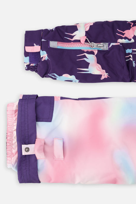 Deux par Deux Two Piece Play Snowsuit Purple Unicorn Print With Multicolored Pants