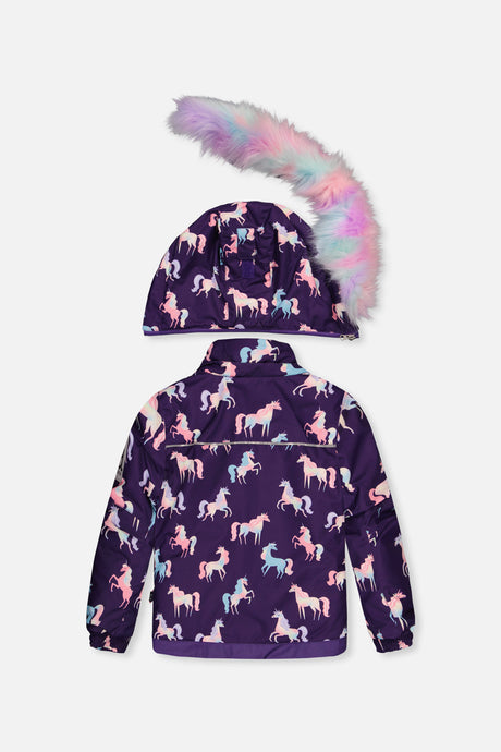 Deux par Deux Two Piece Play Snowsuit Purple Unicorn Print With Multicolored Pants