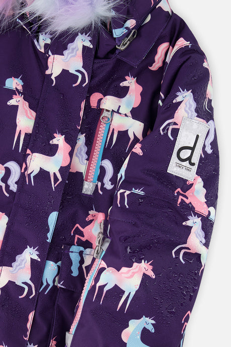 Deux par Deux Two Piece Play Snowsuit Purple Unicorn Print With Multicolored Pants