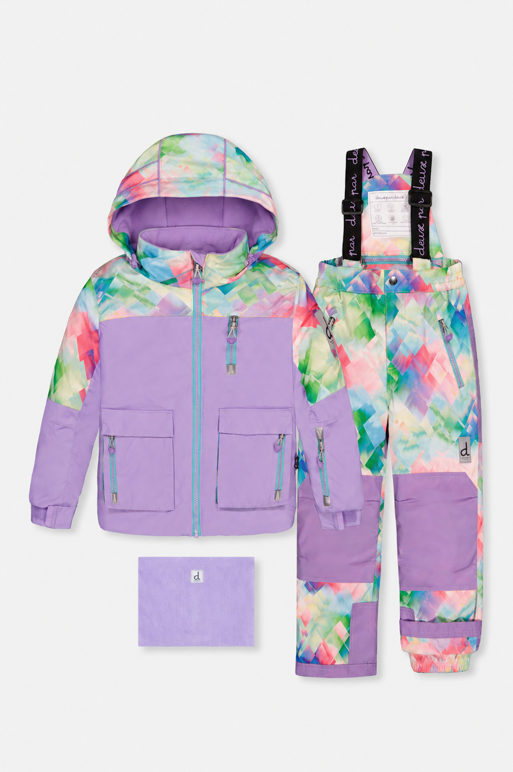 Deux par Deux lavender snowsuit with a colorblock jacket, multicolor diamond-print pants, suspenders and neckwarmer