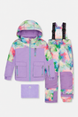 Deux par Deux lavender snowsuit with a colorblock jacket, multicolor diamond-print pants, suspenders and neckwarmer