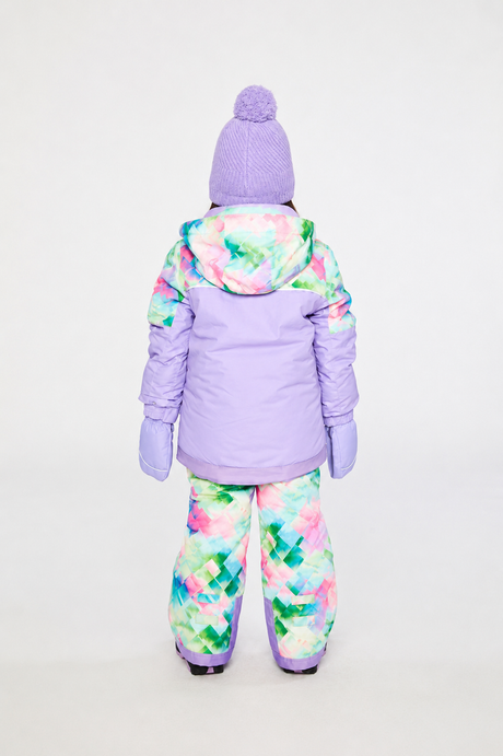 Back view of a child wearing the lavender snowsuit jacket with a diamond-print hood and matching patterned snow pants