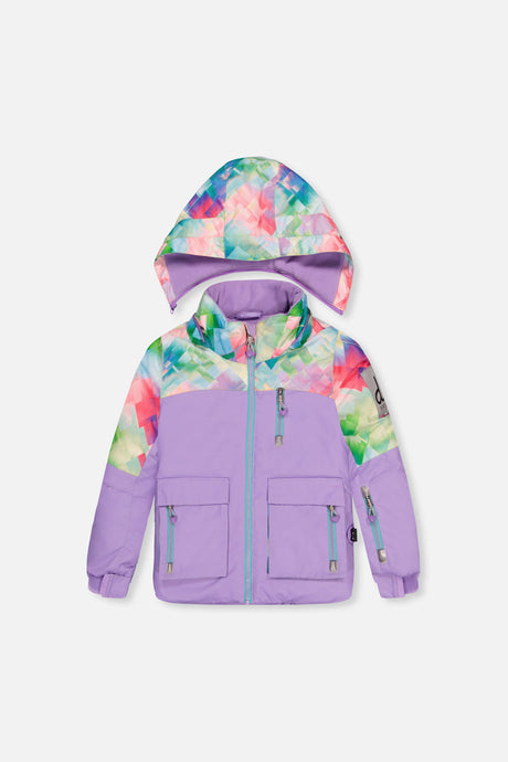Deux par Deux lavender colorblock winter jacket with diamond-print shoulders and the matching hood detached