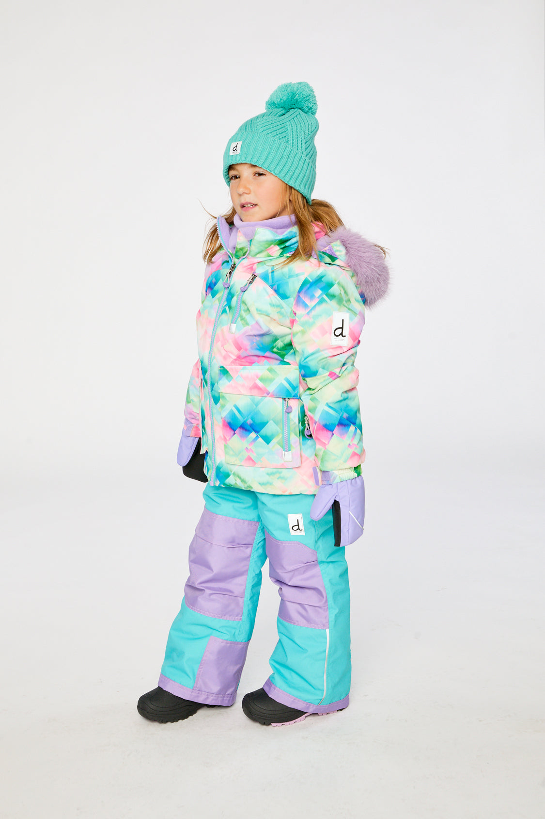 Multicolored diamond print Deux par Deux girls winter snowsuit with Cordura reinforcement